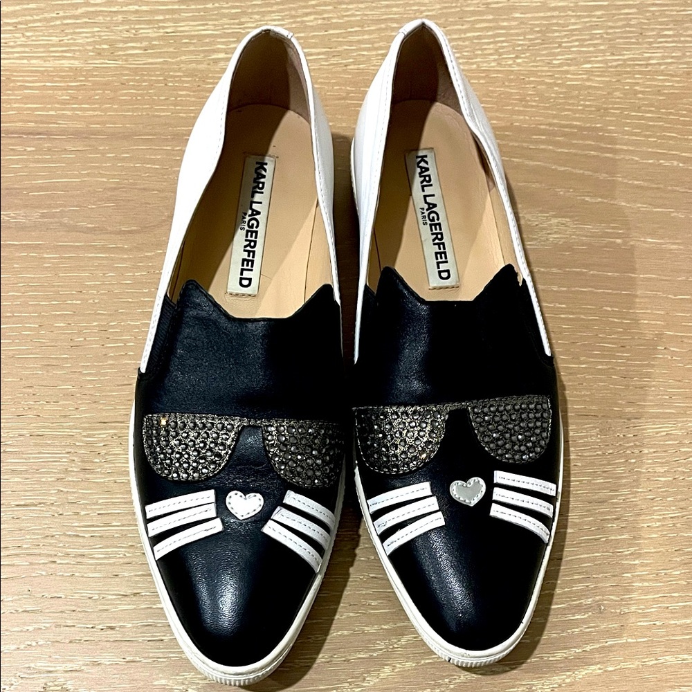 Karl Lagerfeld Black and White Cat Face Sneaker Slip-on Size 6.5